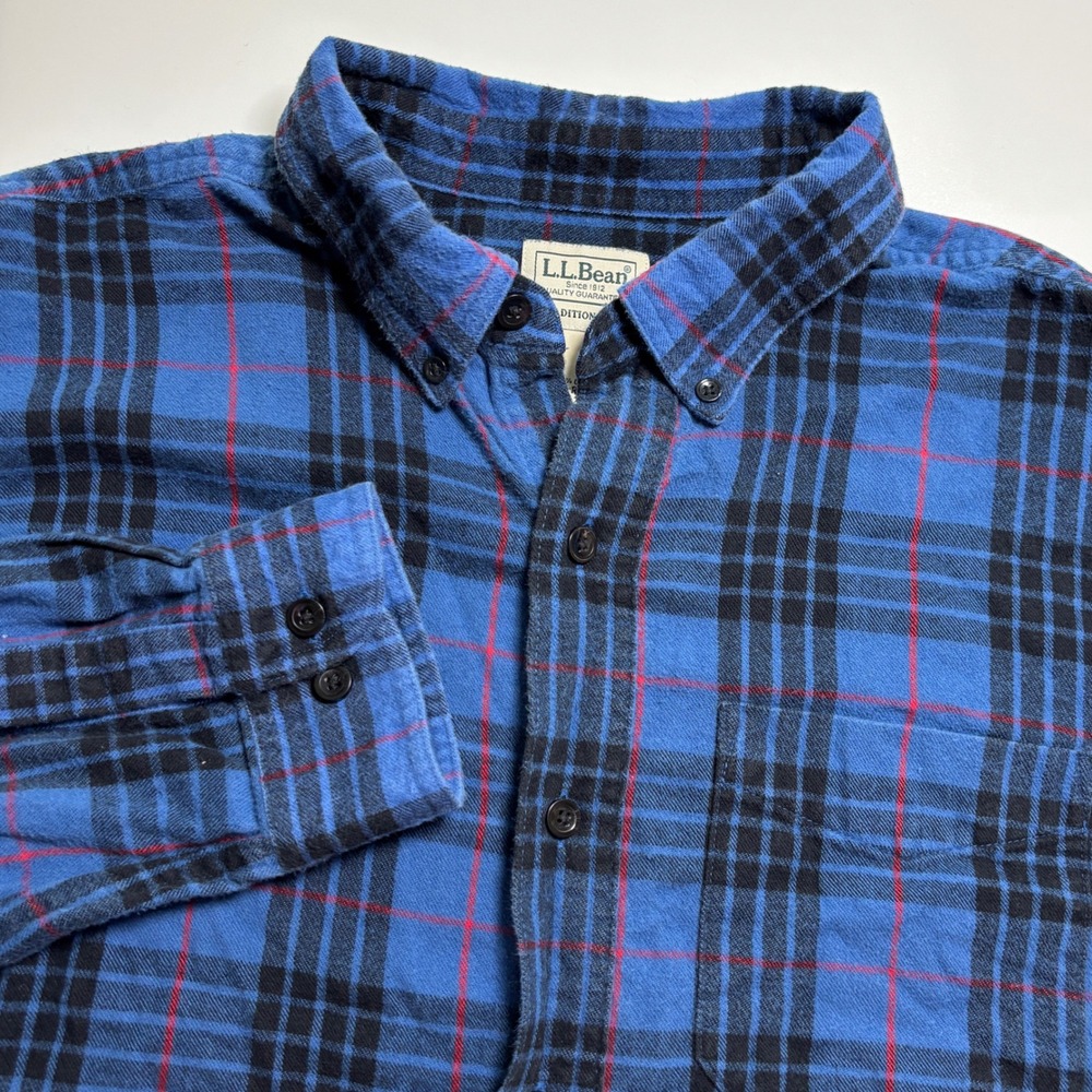 LL Bean Flannel Traditional Fit Plaid Mens Large Blue Black Rugged Preppy Shirt